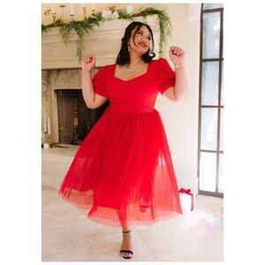 Ivy City Co Red Ballerina Tulle Midi Dress Puff Sleeve  Neckline Formal Size L